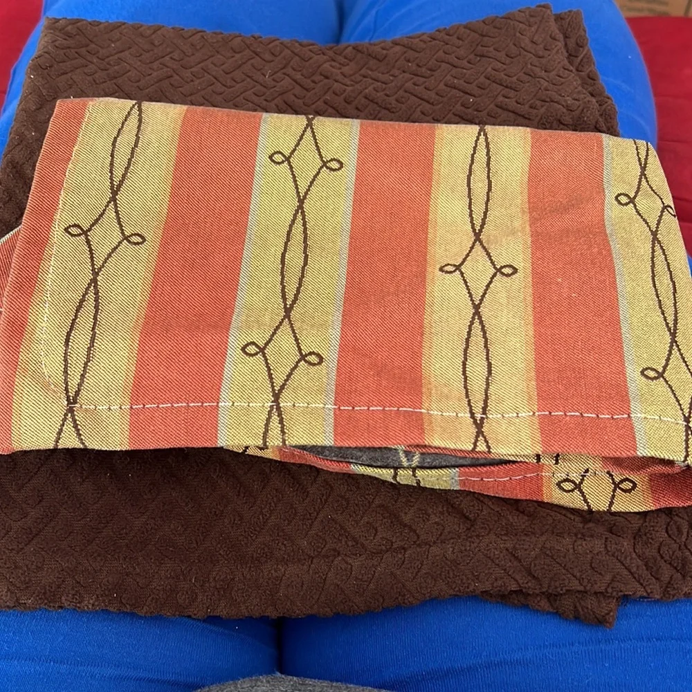 Two brown armchair covers and one striped a chair arm cover MASON ARM PROTECTORS